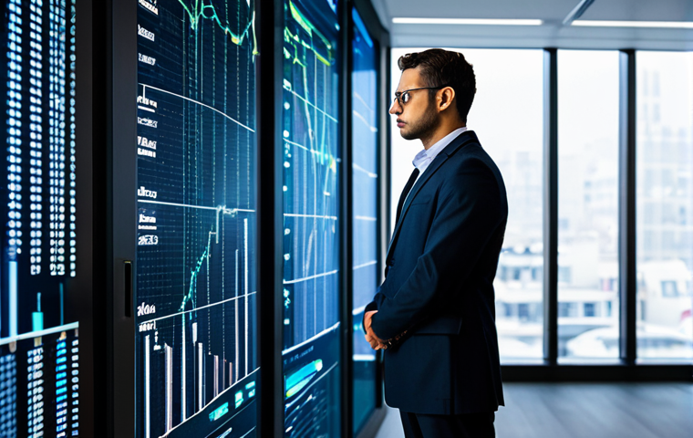 A professional investment analyst, fully clothed in a modest business suit, stands thoughtfully in a high-tech modern office. Large, dynamic data visualizations on holographic screens in the background subtly indicate AI processing Big Data. The analyst has a contemplative yet focused expression, suggesting deep human interpretation and critical thinking beyond the raw data. The scene emphasizes the fusion of advanced technology and essential human insight in contemporary financial analysis, with subtle, professional lighting. Perfect anatomy, correct proportions, natural pose, well-formed hands, proper finger count, natural body proportions. Safe for work, appropriate content, fully clothed, professional dress, high quality professional photography.