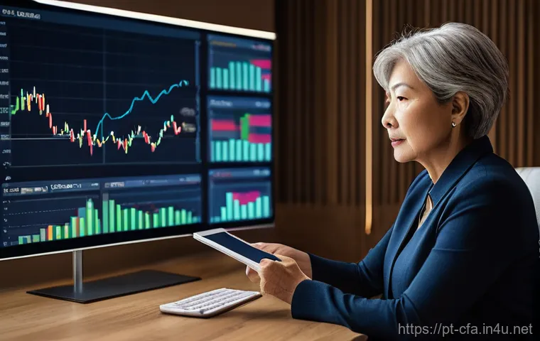 CFA와 글로벌 주식 분석 - **Prompt:** A male investor, aged late 30s, with a focused and analytical expression, sits in a soph...
