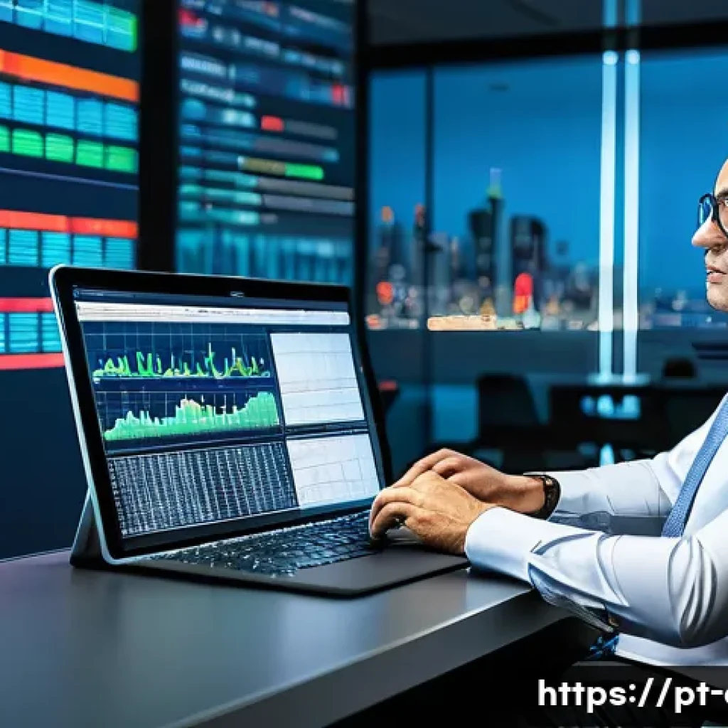 CFA와 리스크 관리 사례 - A professional financial analyst in a modern S&atilde;o Paulo office, surrounded by multiple large screens ...