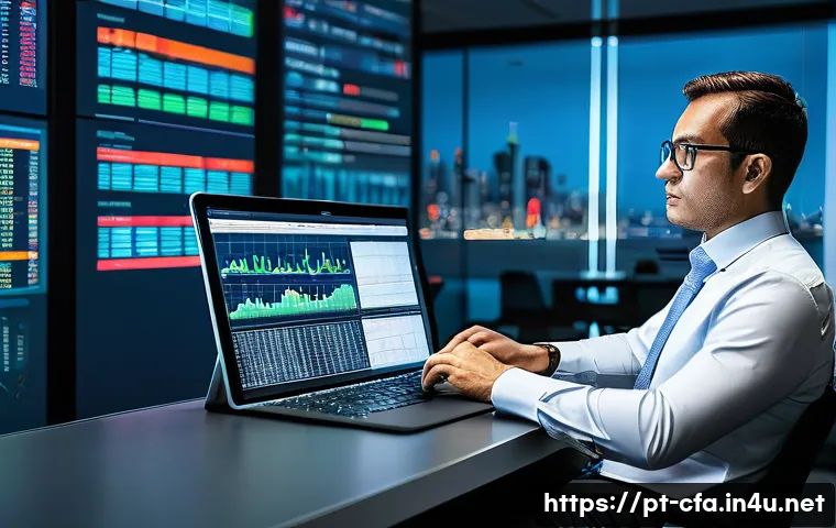 CFA와 리스크 관리 사례 - A professional financial analyst in a modern São Paulo office, surrounded by multiple large screens ...