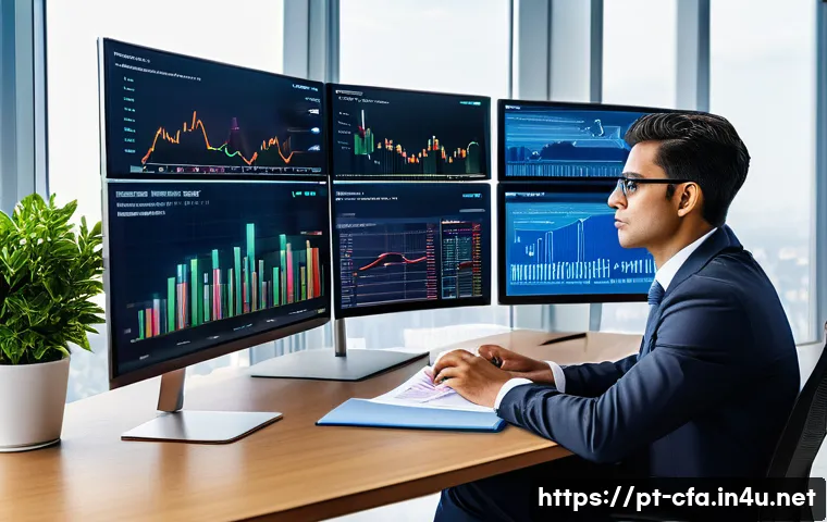 금융투자분석사의 윤리와 규정 - A professional Brazilian financial analyst in a modern office setting, dressed in formal business at...