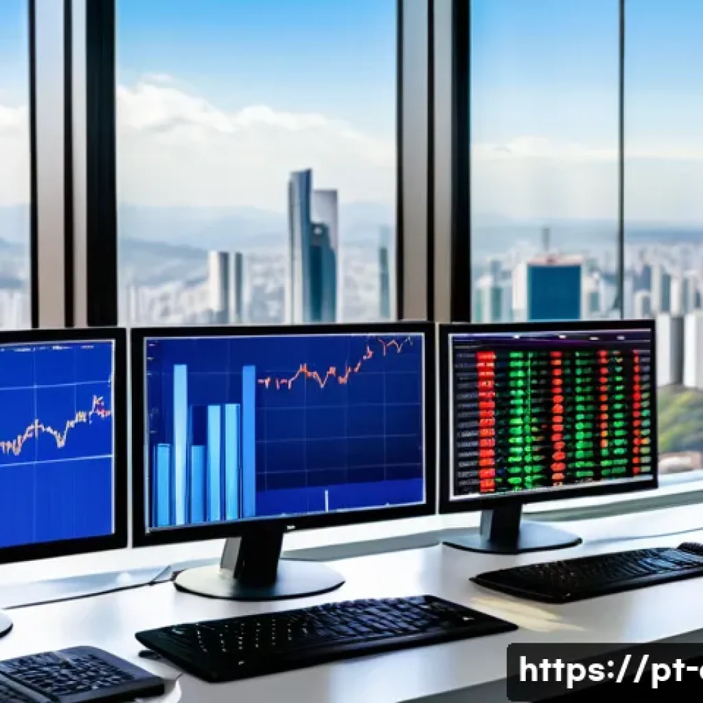 금융투자분석사로서의 업계 동향 파악 - A modern financial analyst workspace in São Paulo, Brazil, featuring multiple large monitors display...