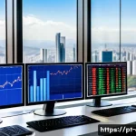 금융투자분석사로서의 업계 동향 파악 - A modern financial analyst workspace in S&atilde;o Paulo, Brazil, featuring multiple large monitors display...