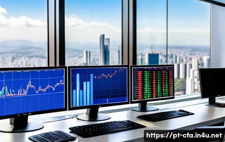 금융투자분석사로서의 업계 동향 파악 - A modern financial analyst workspace in S&atilde;o Paulo, Brazil, featuring multiple large monitors display...
