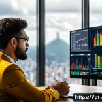 금융투자분석사와 암호화폐 투자 - A professional Brazilian investor sitting at a modern desk surrounded by multiple digital screens di...