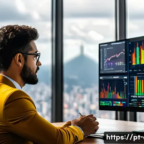 금융투자분석사와 암호화폐 투자 - A professional Brazilian investor sitting at a modern desk surrounded by multiple digital screens di...