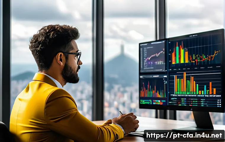 금융투자분석사와 암호화폐 투자 - A professional Brazilian investor sitting at a modern desk surrounded by multiple digital screens di...