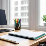 CFA 시험 환경에 대한 팁 - A modern, well-organized study room designed for CFA exam preparation, featuring a clean wooden desk...