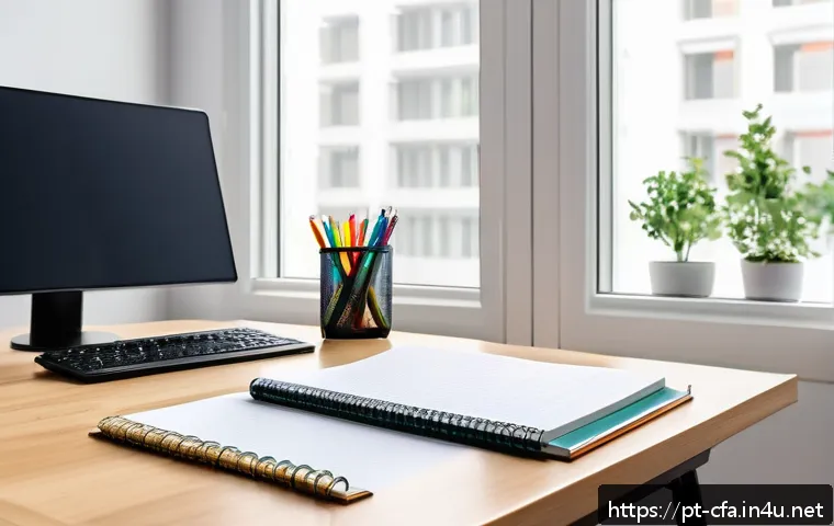 CFA 시험 환경에 대한 팁 - A modern, well-organized study room designed for CFA exam preparation, featuring a clean wooden desk...