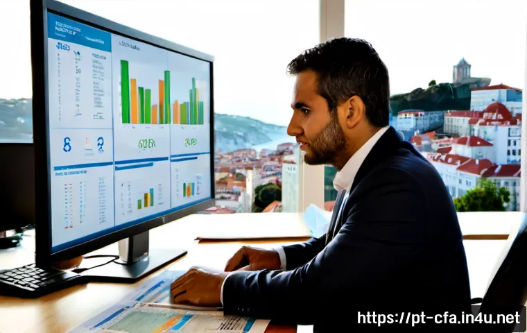 금융투자분석사의 직업적 가치 - Photorealistic financial investment analyst in a modern Lisbon office, professionally dressed adult ...