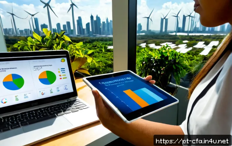 Home 17 CFA와 환경 사회 거버넌스 투자 - Photorealistic Brazilian investment professional reviewing sustainable portfolio charts on a tablet ...